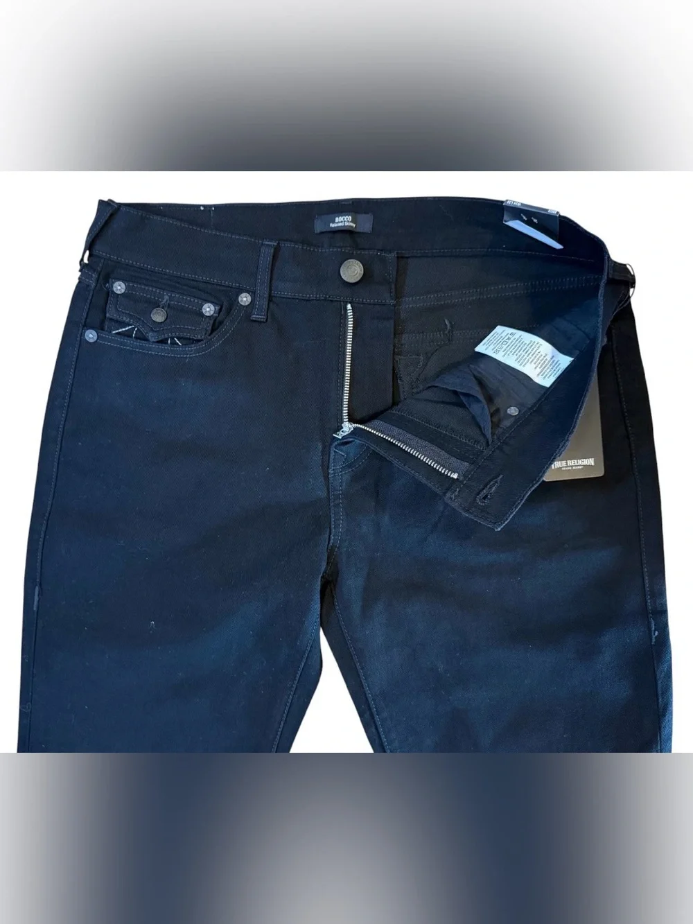 NWT True Religion Rocco Relaxed Skinny Jeans 34x32 Black Flap Pocket